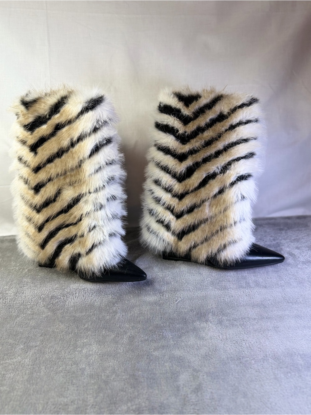 Brash Zebra-Stripe Faux Fur Knee Boots in Black & Cream